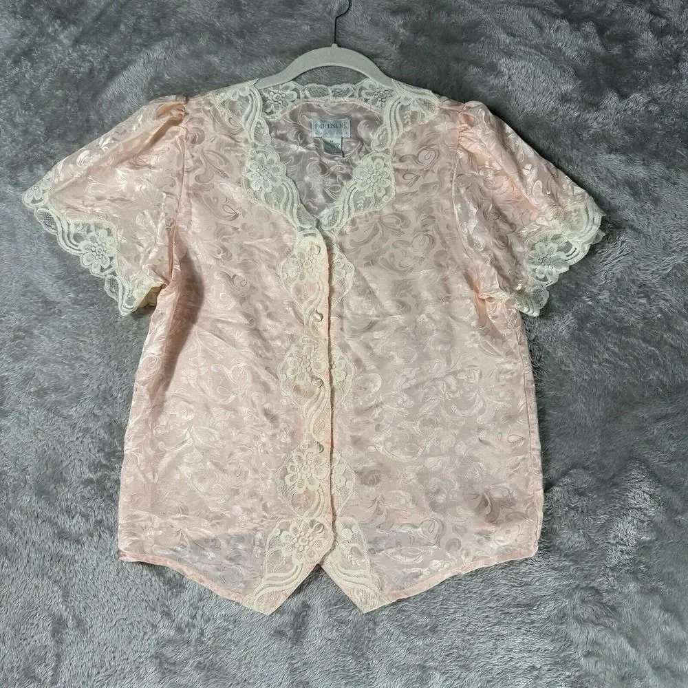 Vtg 80s Pink Satin Pajama Top‎ Medium Lace Jacquard Ballet Coquette Dainty Girly